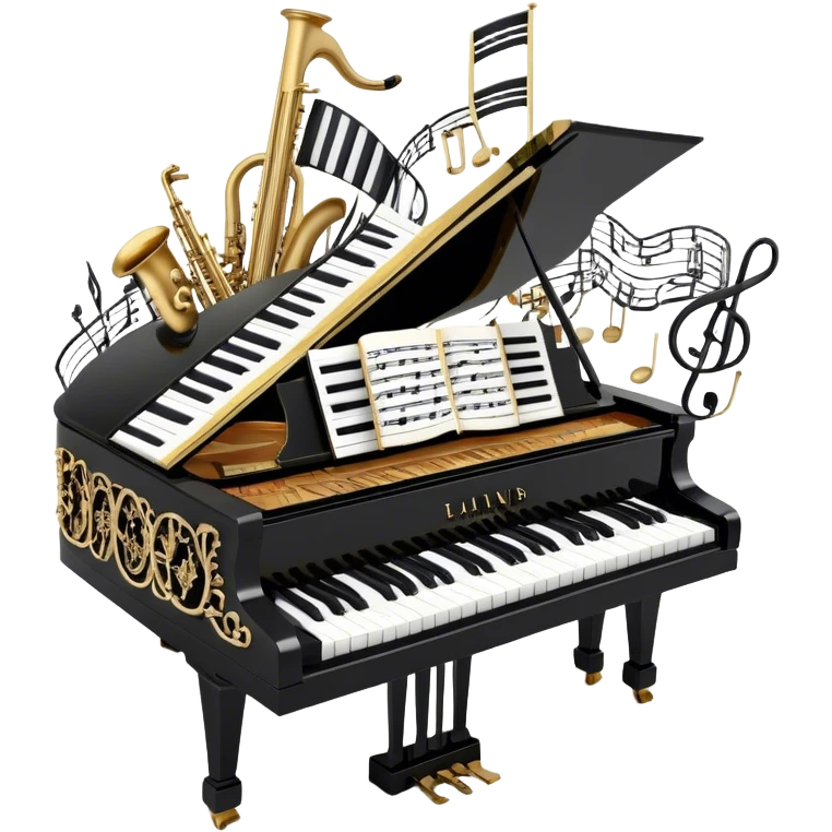 Create a sophisticated and celebratory emoji collage representing keyboard instruments, designed in the style of a coat of arms or crest. The design should feature a central, ornate grand piano with black and white keys, surrounded by a ribbon of musical notes. The ribbon should intertwine with a second ribbon made of black-and-white piano keys, creating a flowing, symmetrical pattern. Include delicate, elegant details such as the pedals of the grand piano, intricate woodwork, and the glossy, polished surface of the instrument. The musical notes should be swirling around the design in a harmonious, festive arrangement. Use gold, silver, and rich wood tones to evoke a sense of luxury and professionalism, with the black-and-white keys of the piano adding contrast. The background should remain transparent. emoji