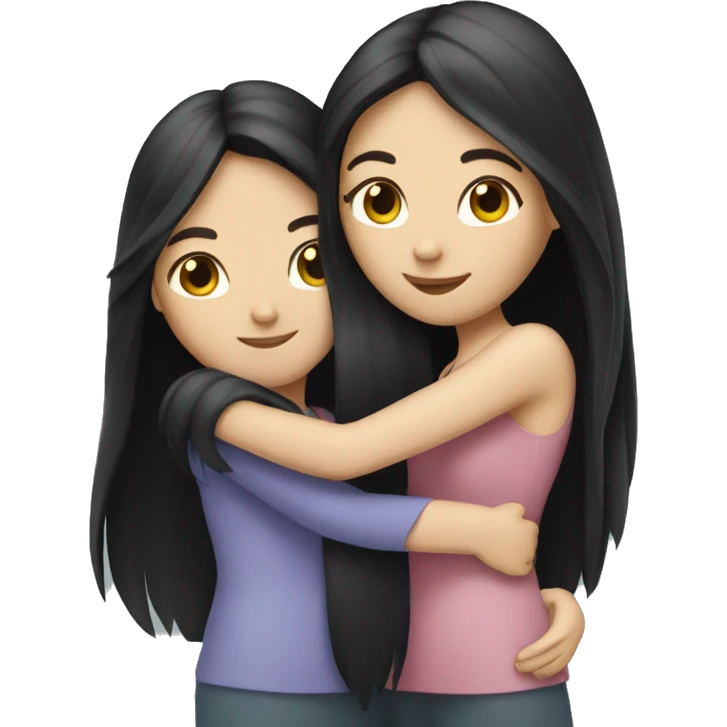 Two white girls with long black hair hugging. emoji