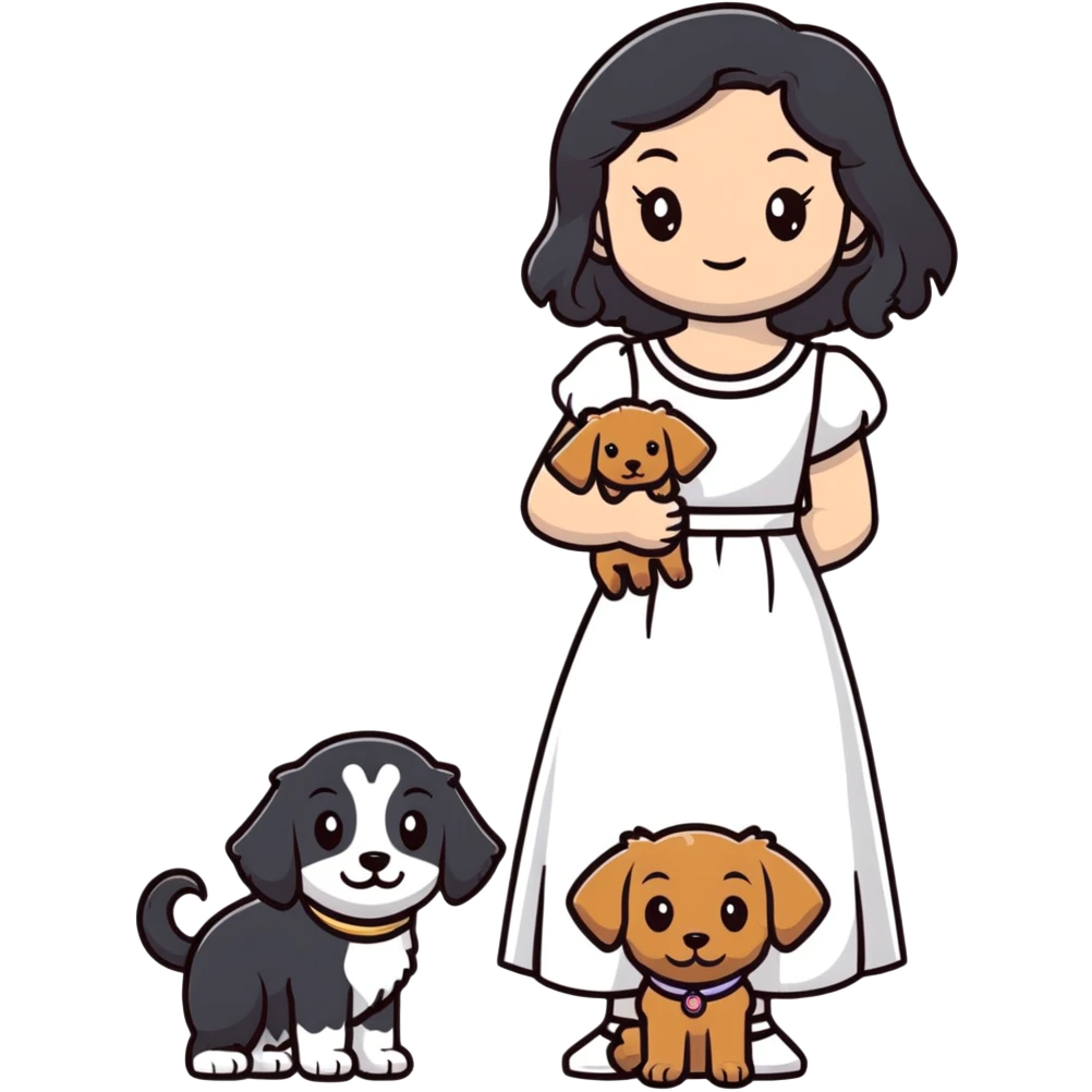 beautiful girl with long black hair in a white dress holding a small brown curly-haired dog emoji