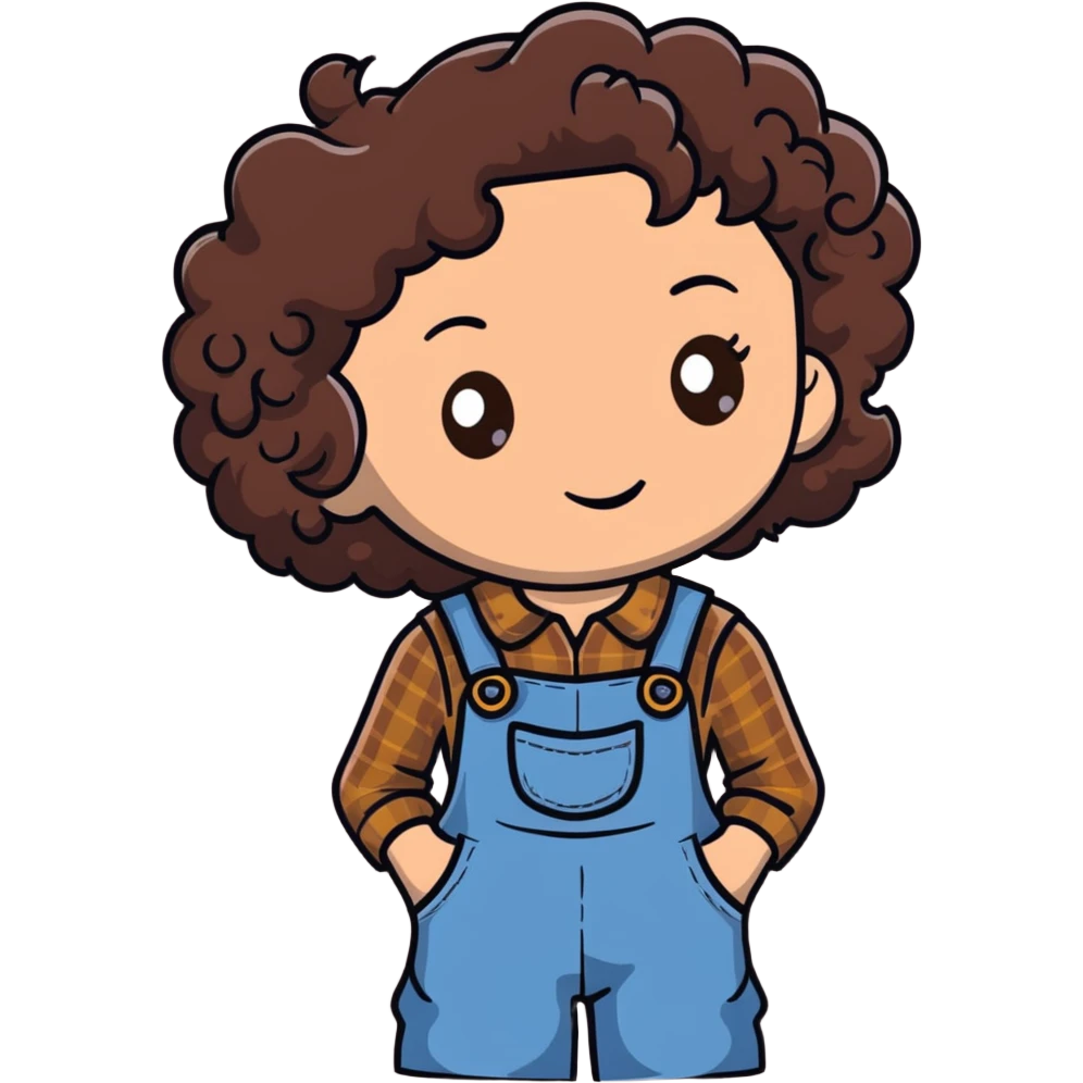 white girl with very curly dark brown hair, brown eyes, wearing farm clothes emoji