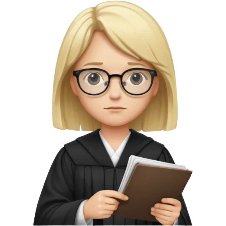 Young judge, blonde hair with glasses and robe, hold a paper emoji