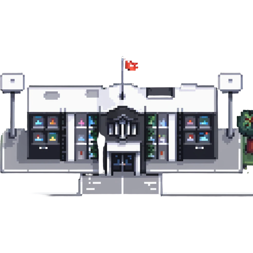 modern school campus building with multiple entrances, no flag pole emoji