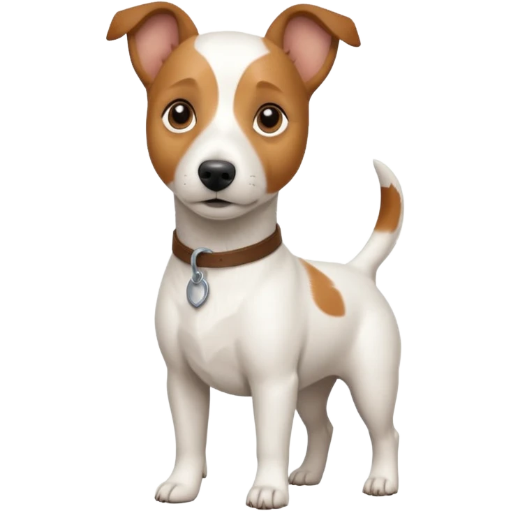 a full body white jack russel looking dog the size of a kelpie with light brown ears and a light brown patch on one eye and a large snout emoji