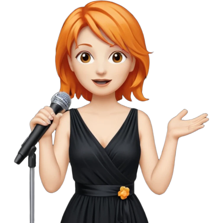 singer, Middle age, orange hair, happy, holding mic, wearing dress emoji