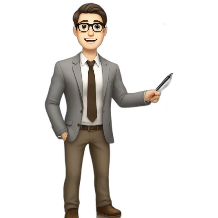 Pale skinned fit man with dark brown hair in gray jacket, beige office shirt, brown tie, brown pants and vintage glasses Writing text on a flipchart emoji