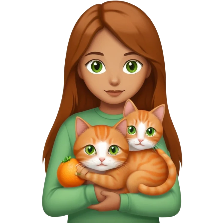 A brown long hair with green eyes holding a cute small orange cat emoji
