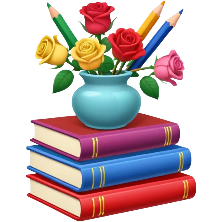 Five colorful books are stacked, along with a pencil holder full of crayons and a vase full of roses. The illustration style is cartoon. emoji