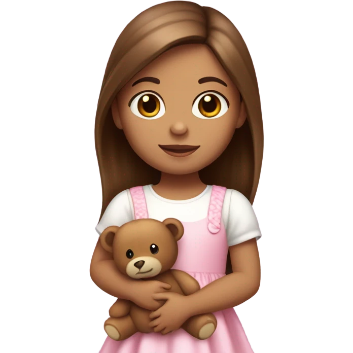 Little Girl with White skin, hazel eyes. Long brown hair with. She is wearing a pink and White dress, standing and holding on to a teddybear. emoji