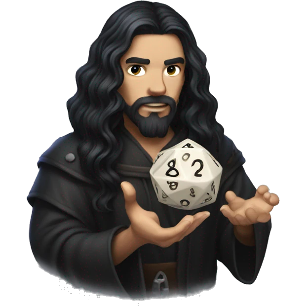 Long dark hair dungeon master holding a D20 dice emoji