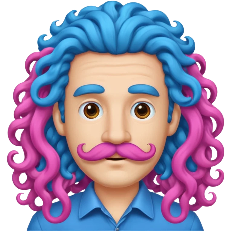 man with very curly long blue hair pink big mustache  emoji