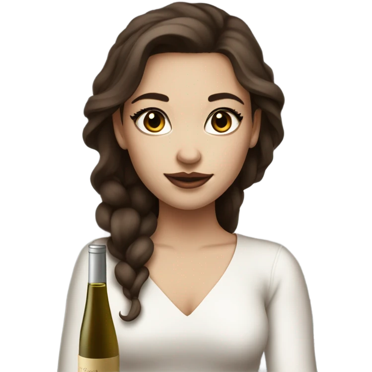 rich girl with white skin, long brown hair, dark eyes, with makeup, with wine emoji