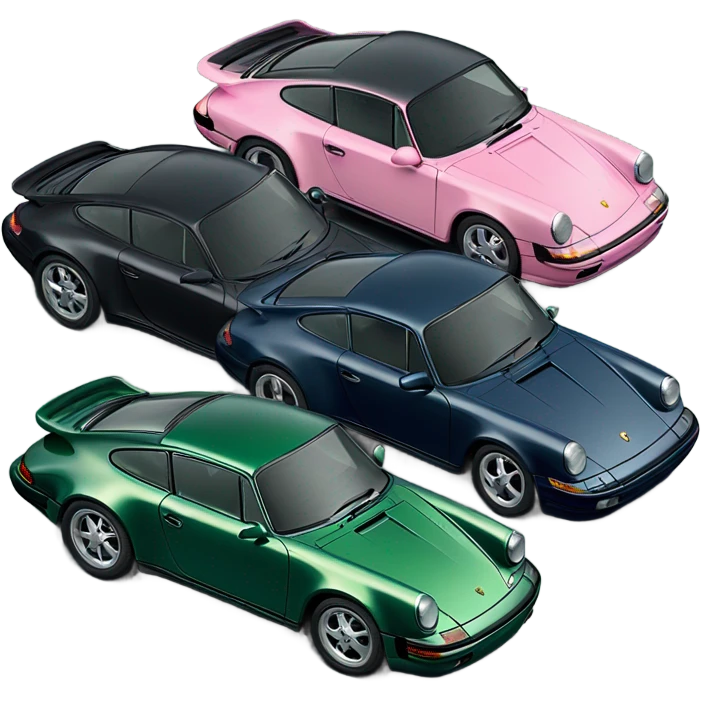 a black,dark green, 2 navy blue, light pink, another dark green Porsche 911s lined up next to each other - in total 6 cars emoji