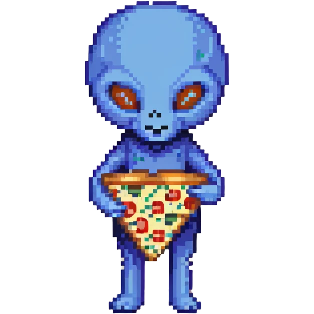A blue alien eating pizza emoji