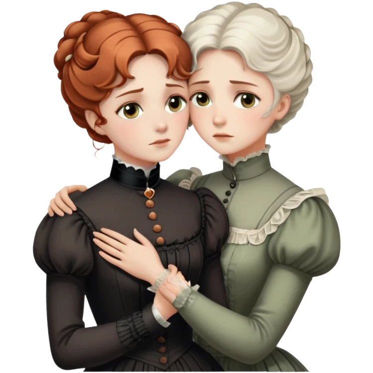 Two Victorian women with light eyes in a sad intimate hug, one with white coiffed hair and one with copper coiffed hair, wearing Victorian high-neck dresses, embracing tightly emoji