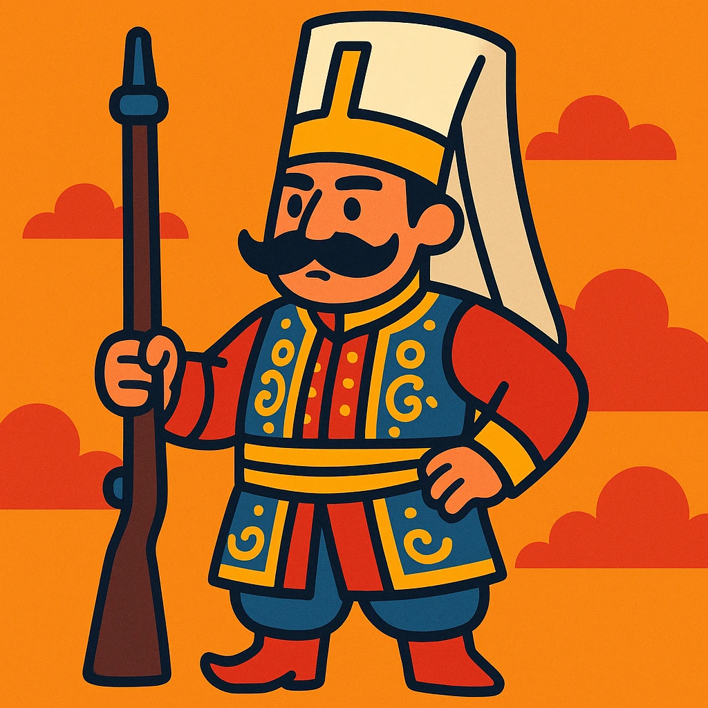 an Ottoman Janissary, stylized as a cartoon character, with a tall hat and ornate clothing emoji