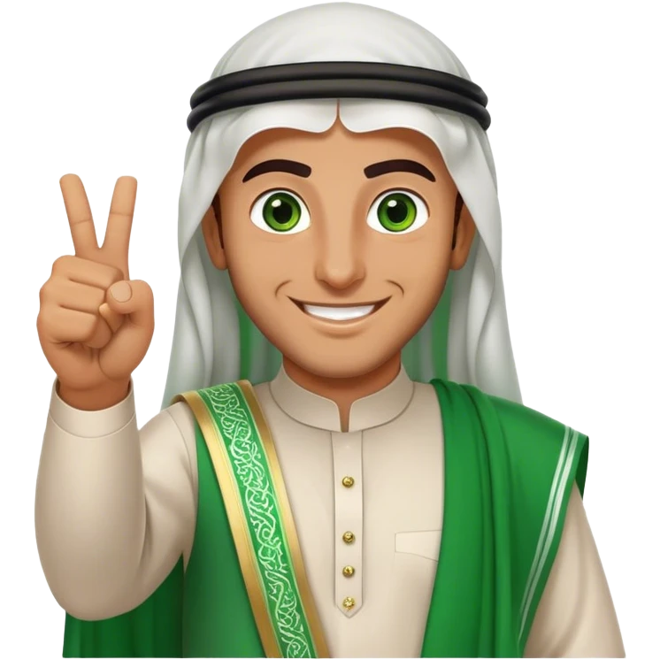 Tanned Arab Saudi man with green eyes, wearing an agal and traditional attire, smiling happily and giving a big thumbs-up emoji