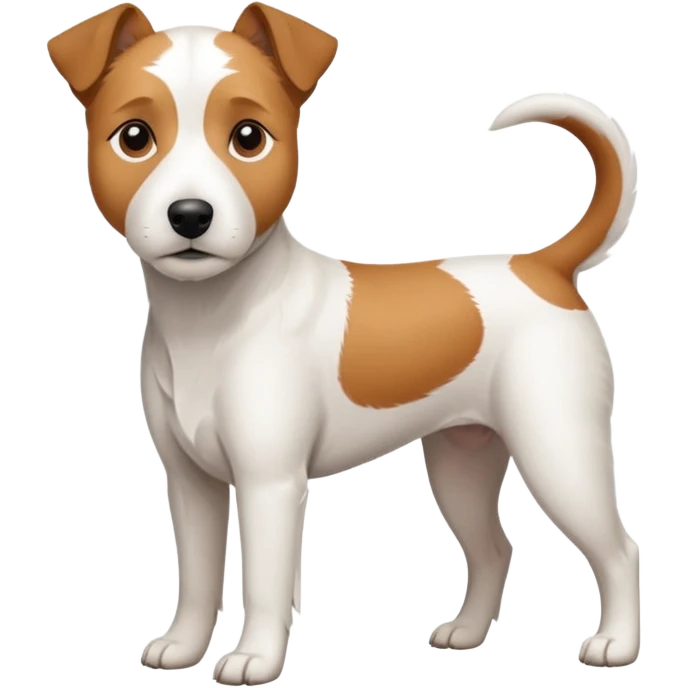 a full body large white parson russell terrier looking dog the size of a kelpie with light brown long ears and a light brown patch on one eye and a large snout emoji