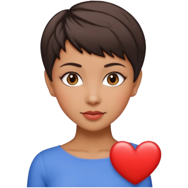 woman pixie cut dark brown hair, tan skin, brown oval eyes, heart shaped face emoji