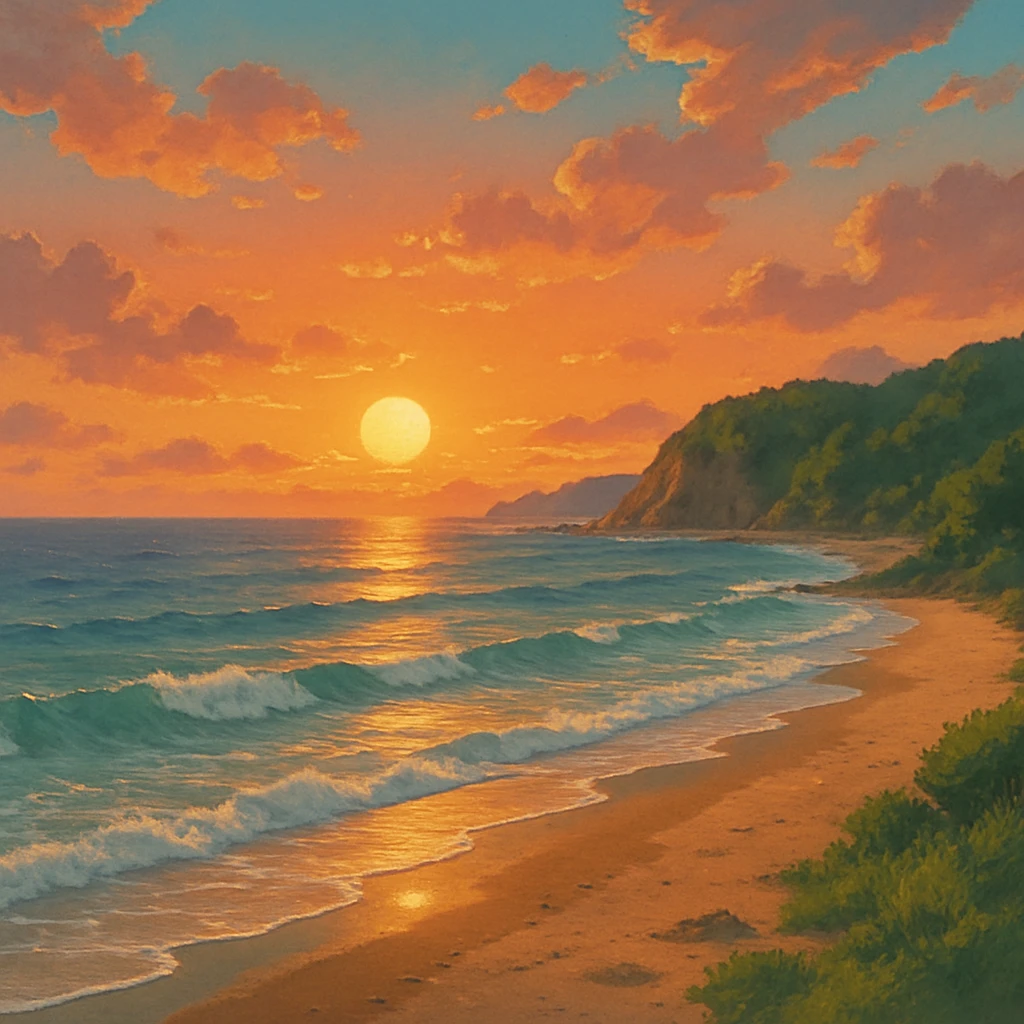 ghibli style sunset over a beach coastline emoji