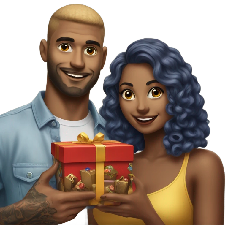 Hyper Realistic beautiful woman receiving a gift and a box of chocolates from a handsome tattooed man  emoji