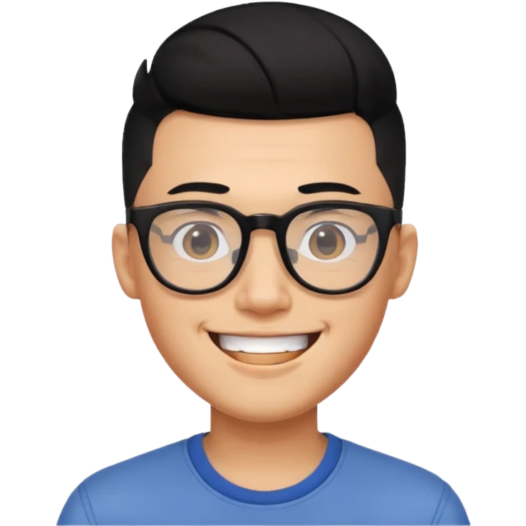 Asian guy with black hair undercut, shaved sides, square glasses, big smile, trendy and young emoji