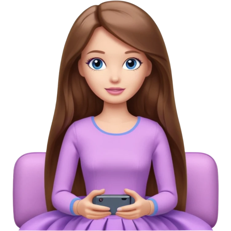 beautiful barbie girl with long brown hair, blue eyes and wearing light purple clothes watching tv shows emoji