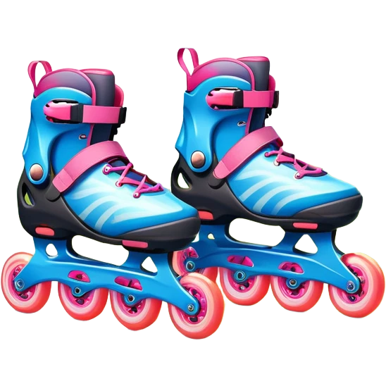 An icon featuring a pair of colorful rollerblades placed on a smooth path. The background showcases a picturesque park with lush greenery, blooming flowers, and a clear blue sky with soft clouds. The bright sunlight adds a cheerful touch to the scene. Transparent background emoji