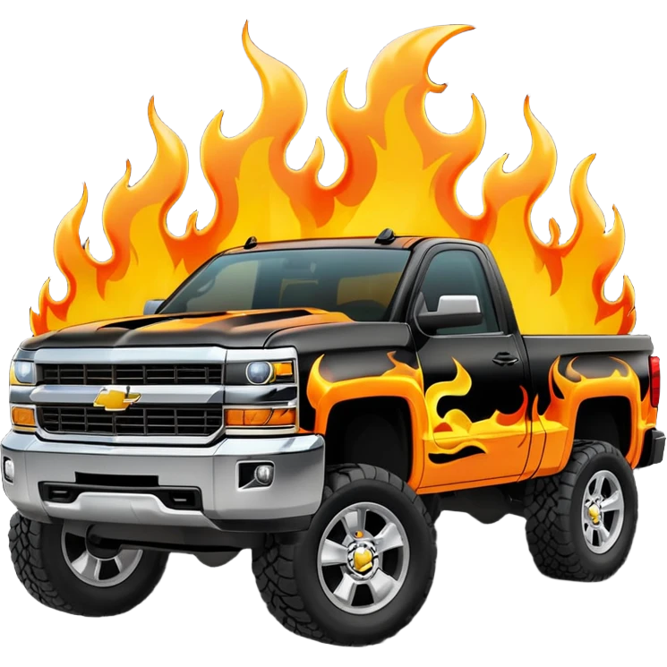 Black Silverado truck 4x4 with flames around emoji