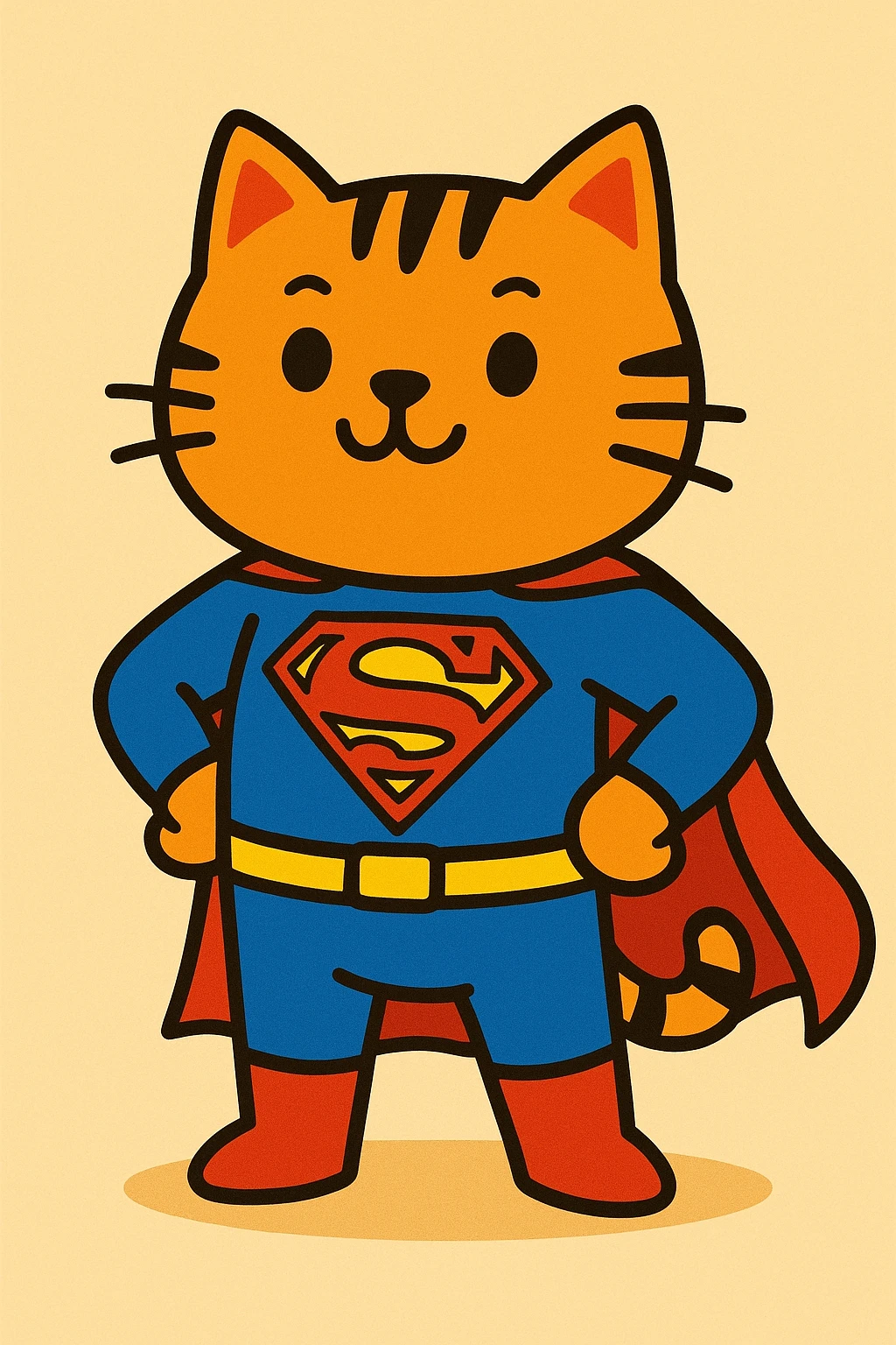 cute cat dressed as Superman, standing proudly, bold colors, cartoon style emoji