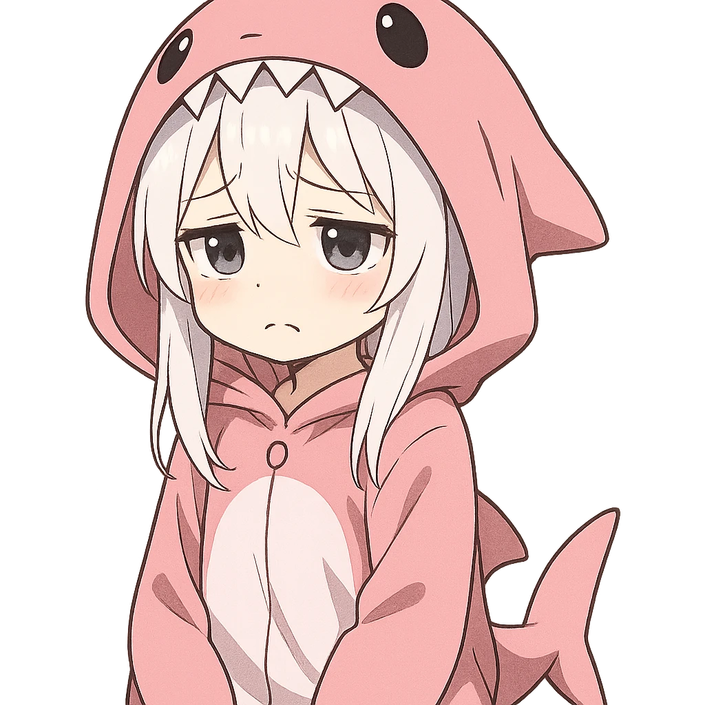 anime style girl, white hair, pink shark onesie, sad and adorable expression emoji