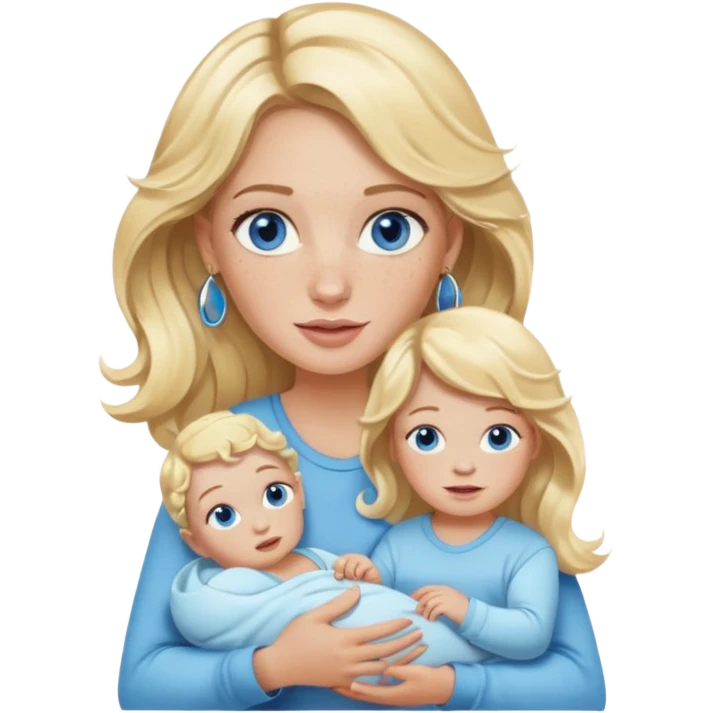 Wavy blonde, white woman with blue eyes, freckles hoop earrings, holding babies emoji