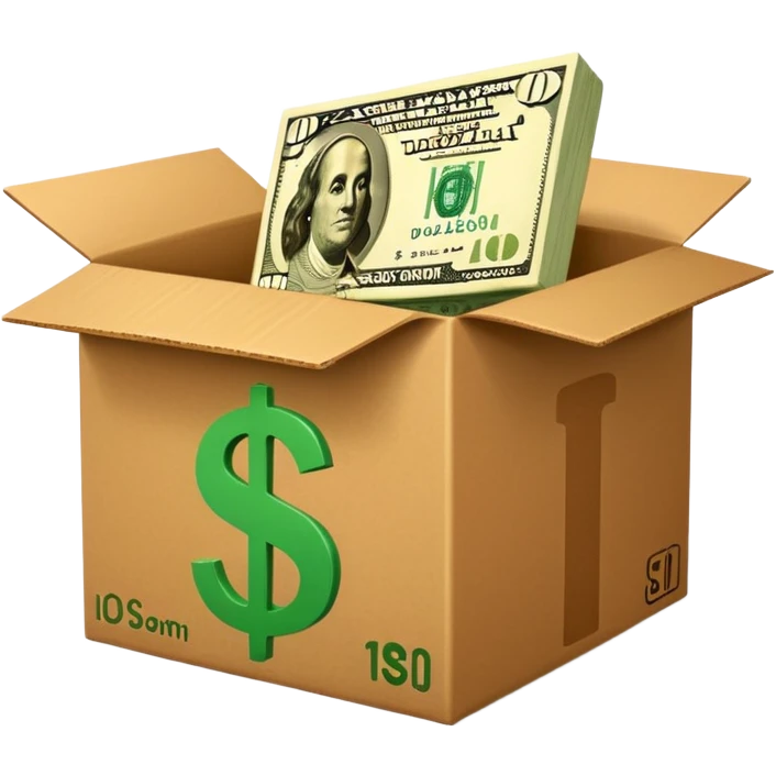 a shipping box with a single green cash bill with a dollar sign on it in front of it emoji