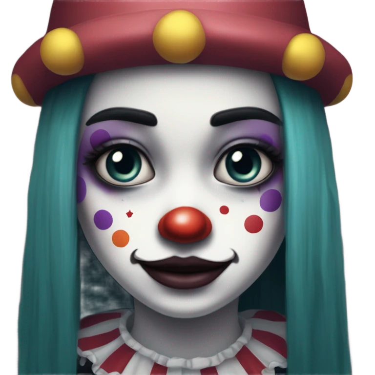Sad clown girl with clown face paint wearing cap n bells cockcomb jester hat with long straight black hair exaggerated expression on her face  emoji