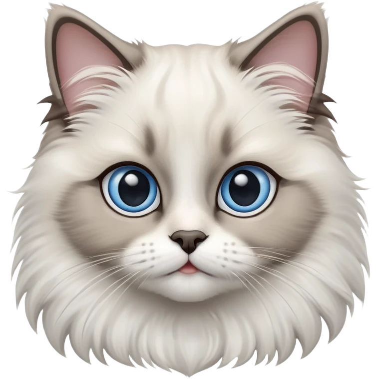 cinematic-adorable-big-eyed-fluffy-ragdoll-cat-portrait-emoji,-head-tilted-playfully-with-a-sweet-expression,-fluffy-white and grey-fur,-simplified-yet-irresistibly-cute-features-with-large,-expression, Large blue eyes emoji