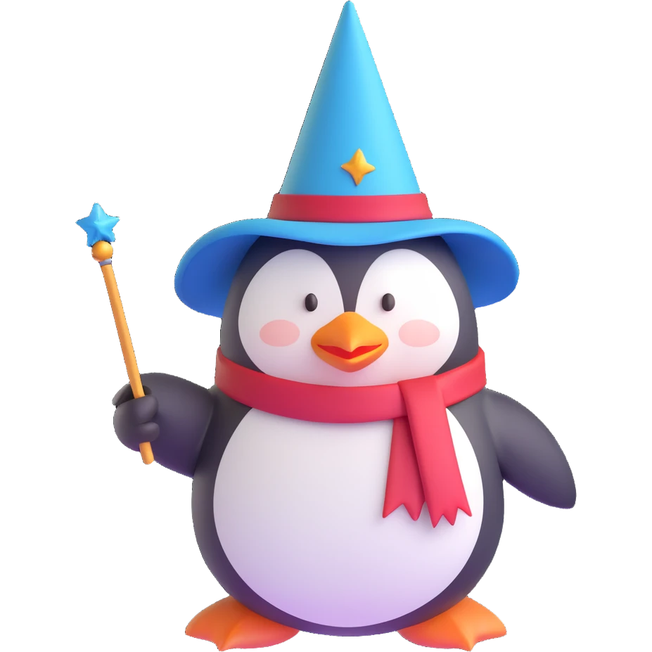 A penguin dressed as a wizard, wearing a pointed hat and holding a magic wand emoji
