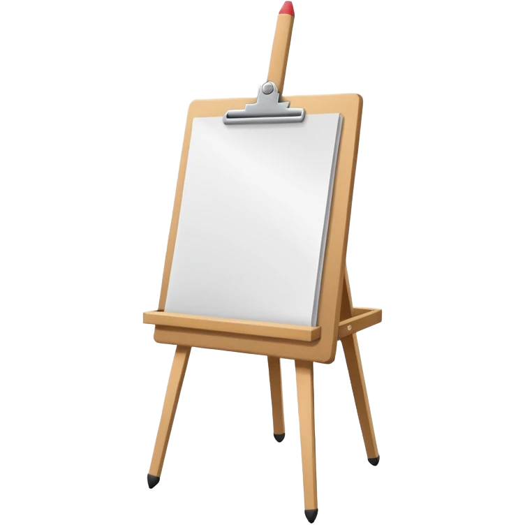 Minimalistic flat vector icon, iOS style, thin black contour on white background. Easel with a paper sheet and a pencil leaning against it. No text, no shadows emoji