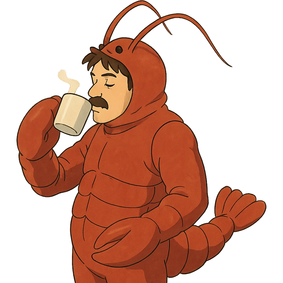 man in a lobster costume sipping coffee emoji
