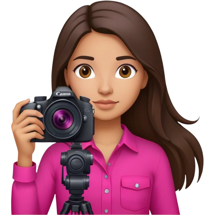 latin girl photographer with long brunette hair hot pink shirt and Canon camera emoji