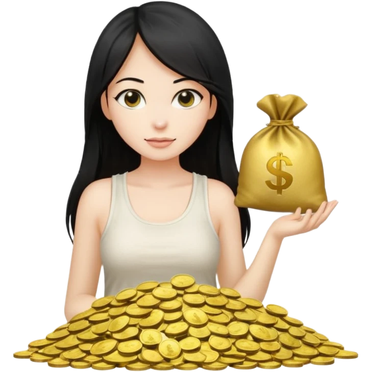 a pretty bratz fair girl with long straight black hair  with a white tank top surrounded by money bags emoji