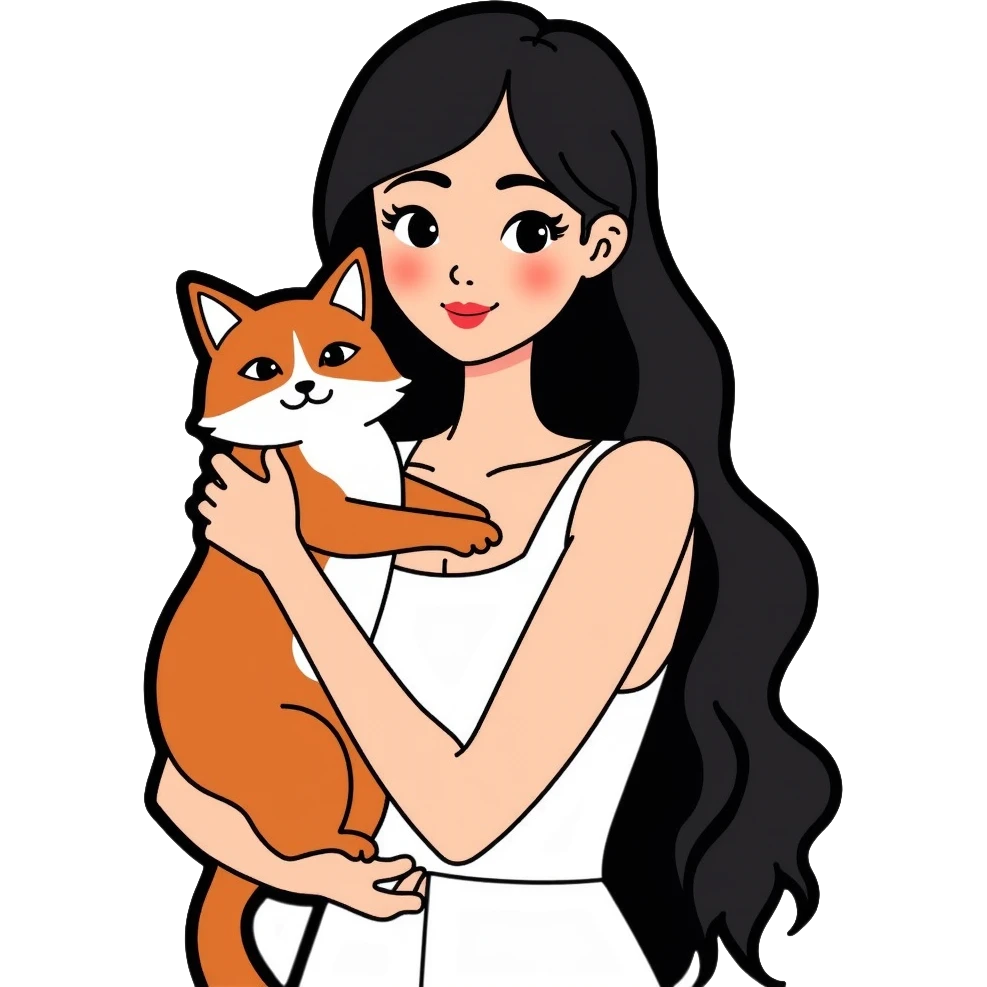 beautiful girl with long black hair wearing a white dress holding an Abyssinian cat with reddish-brown fur in her arms emoji