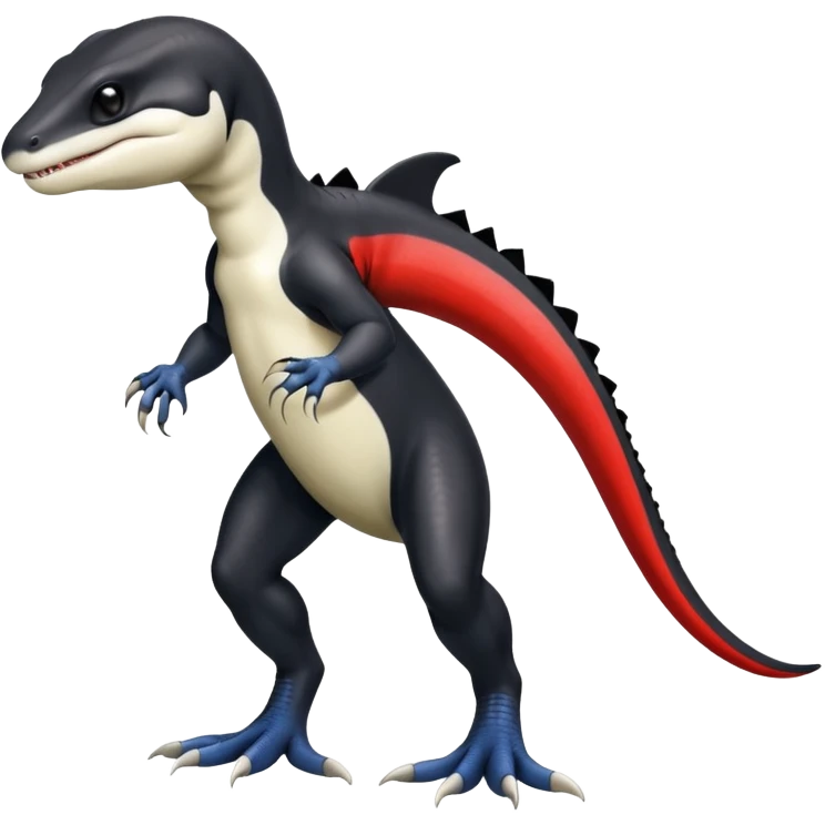 Black and white Orca-reptile-reptilian-lizard-skink-gecko-Digimon-Fakémon-hybrid full body, two legs, two arms, claws, tail, with red stripe emoji