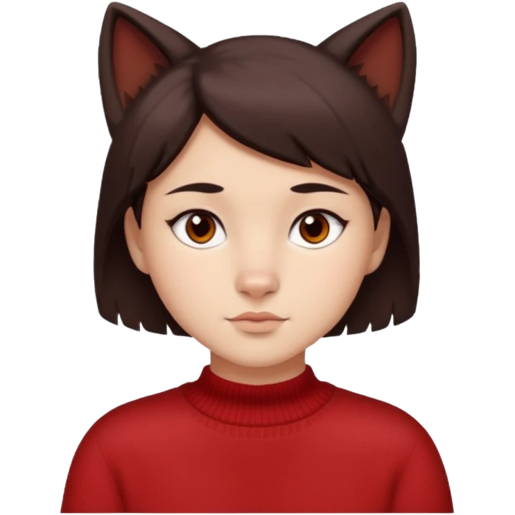 make a girl that has a boyish wolf cut thats right above the shoulders, give her a red sweater and make her face just right chubby but slso not too chubby. ( make it a white background and make the hair dark brown and also the eyes dark brown ) emoji