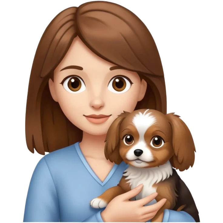 a brown-haired girl holding a mini yorkshire dog emoji
