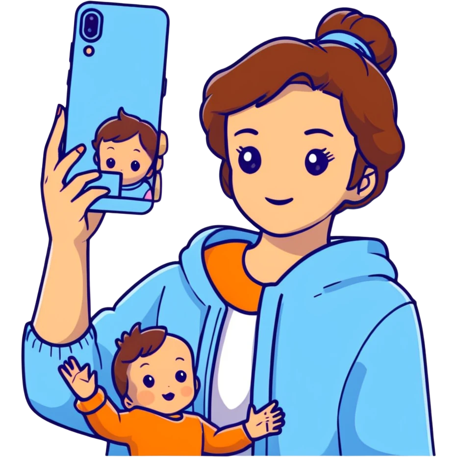 brunette girl with brown hair wearing pastel blue clothes holding a baby and taking a selfie emoji