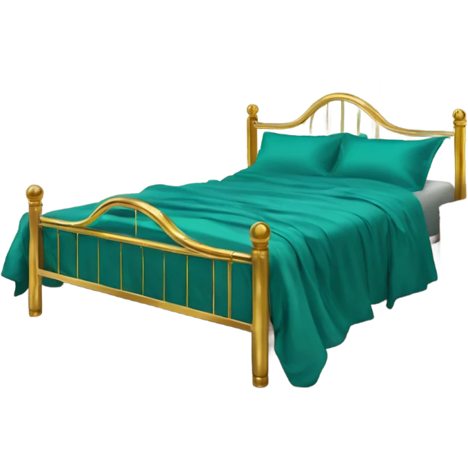eighties bed with teal sheets and gold brass frame emoji