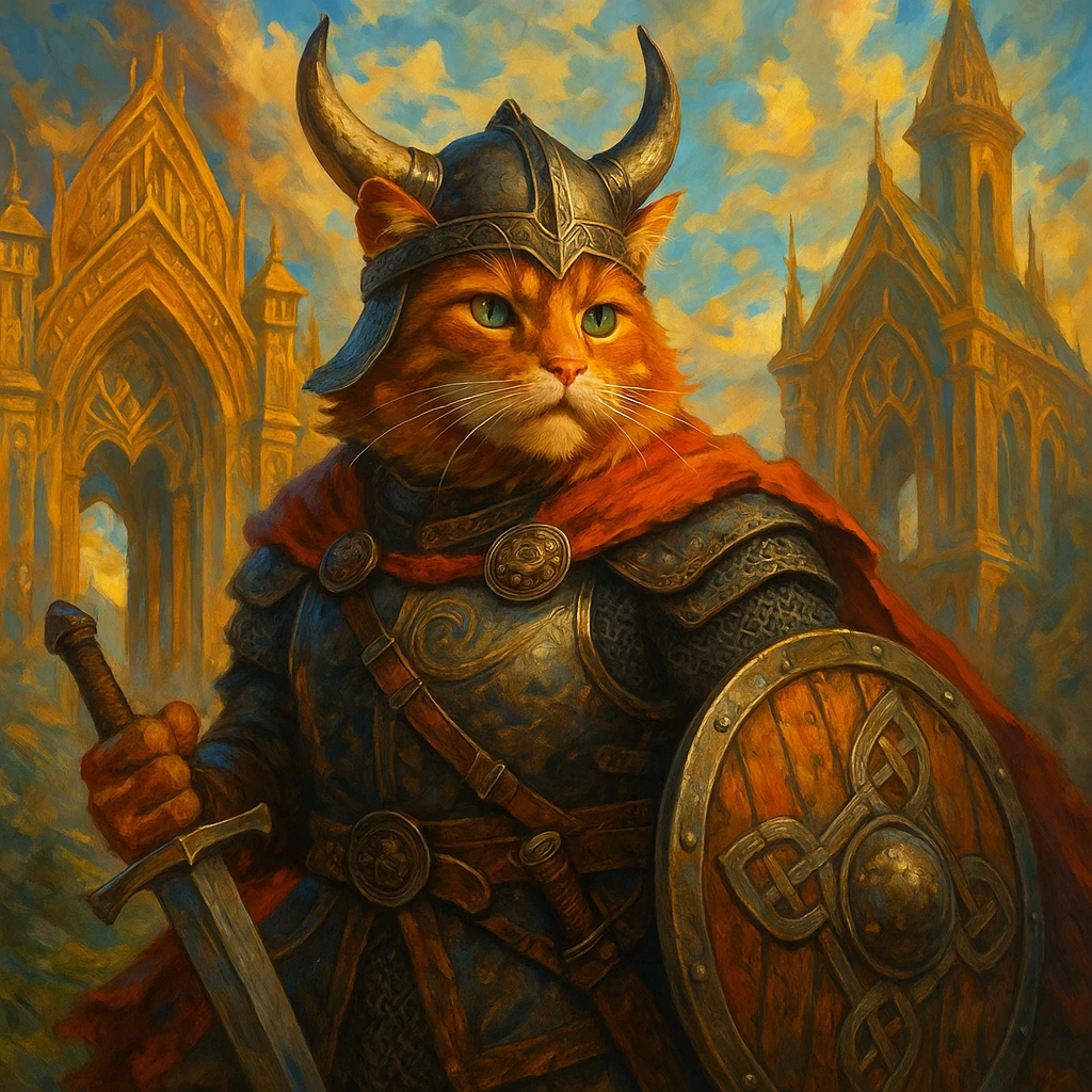 heroic Viking ginger cat in Valhalla, detailed, epic, vibrant colors, fantasy style emoji