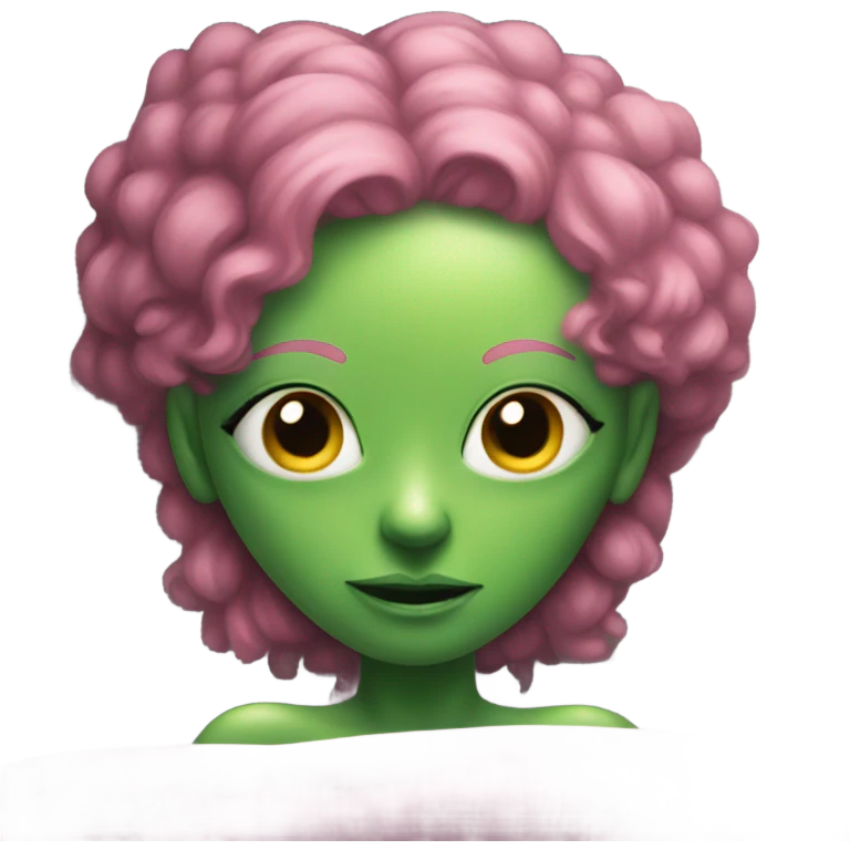 a green alien woman pink hair, laying on the bed emoji