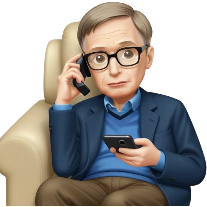 Stephen Hawking with glasses sitting on a couch playing a mobile phone game emoji