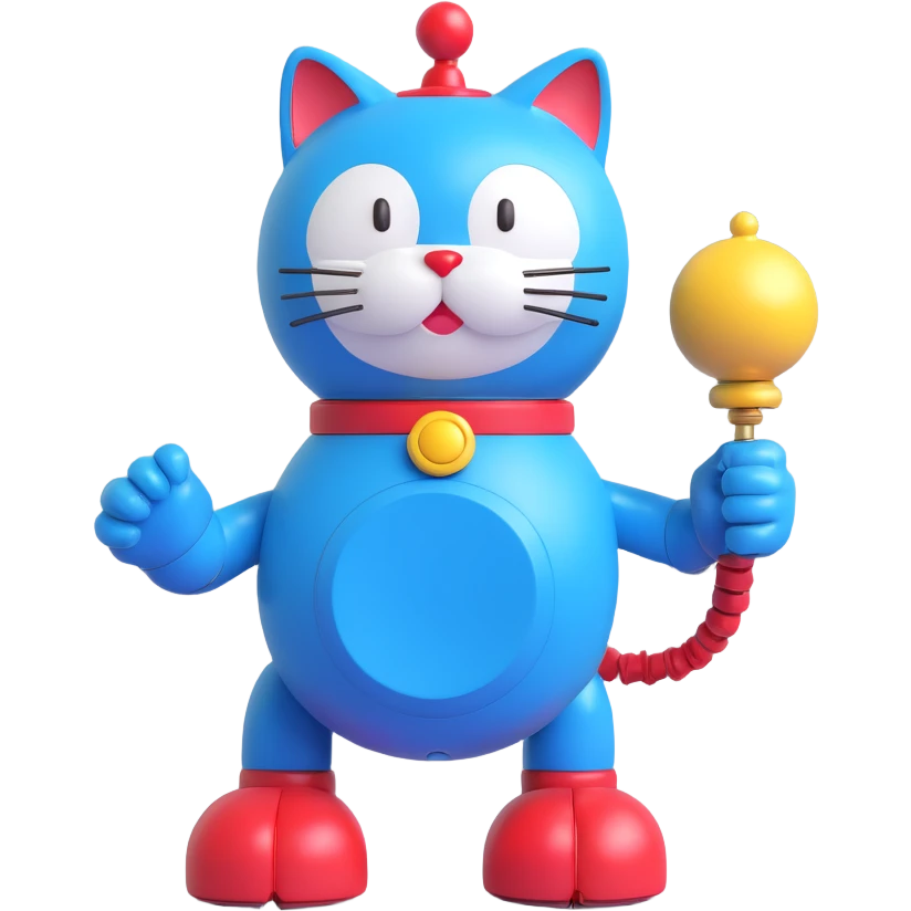 Doraemon, blue robotic cat with red nose and bell emoji