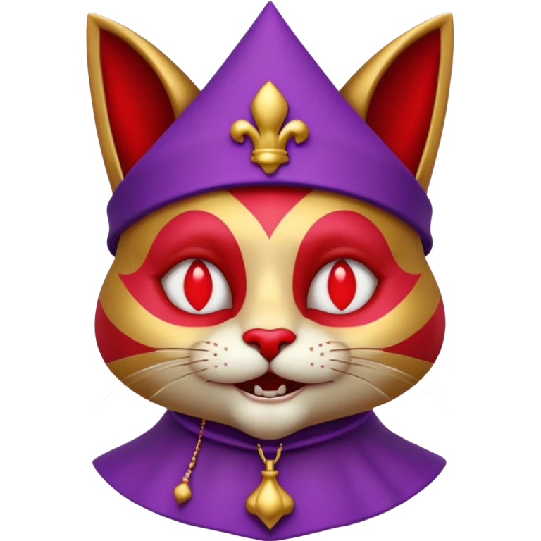 crazy colorful cute little cat jolly joker from poker, medieval, vintage, court jester, mac os icon, purple, gold and red color, half body. Squared shape as 3D mac os icon, symmetrical emoji